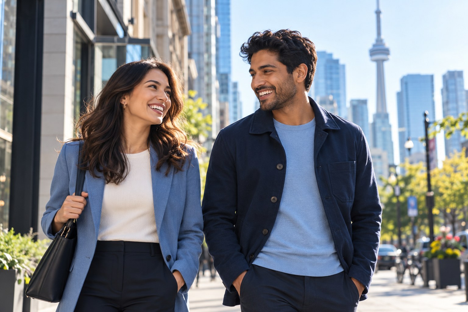 Two adults enjoying a walk on a city street